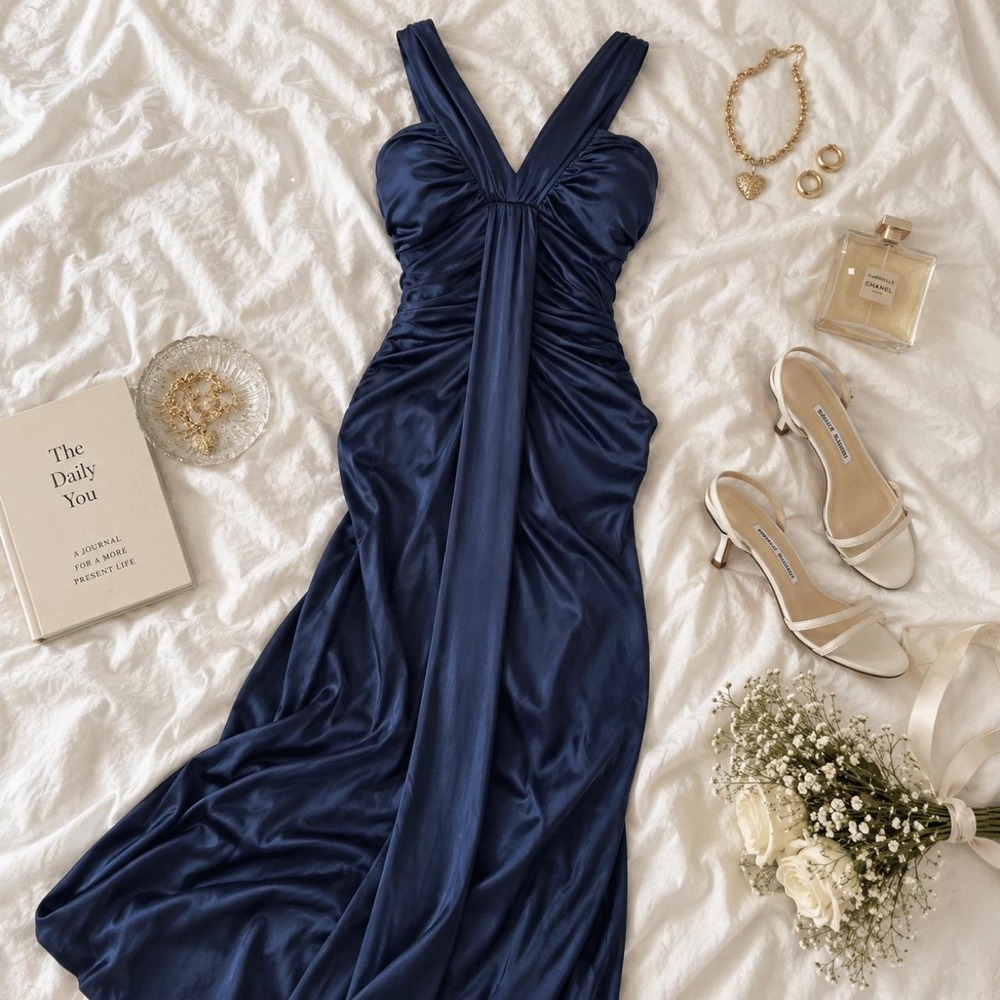 blue fairy prom dress  navy blue v neck ruched glam romantic formal dress